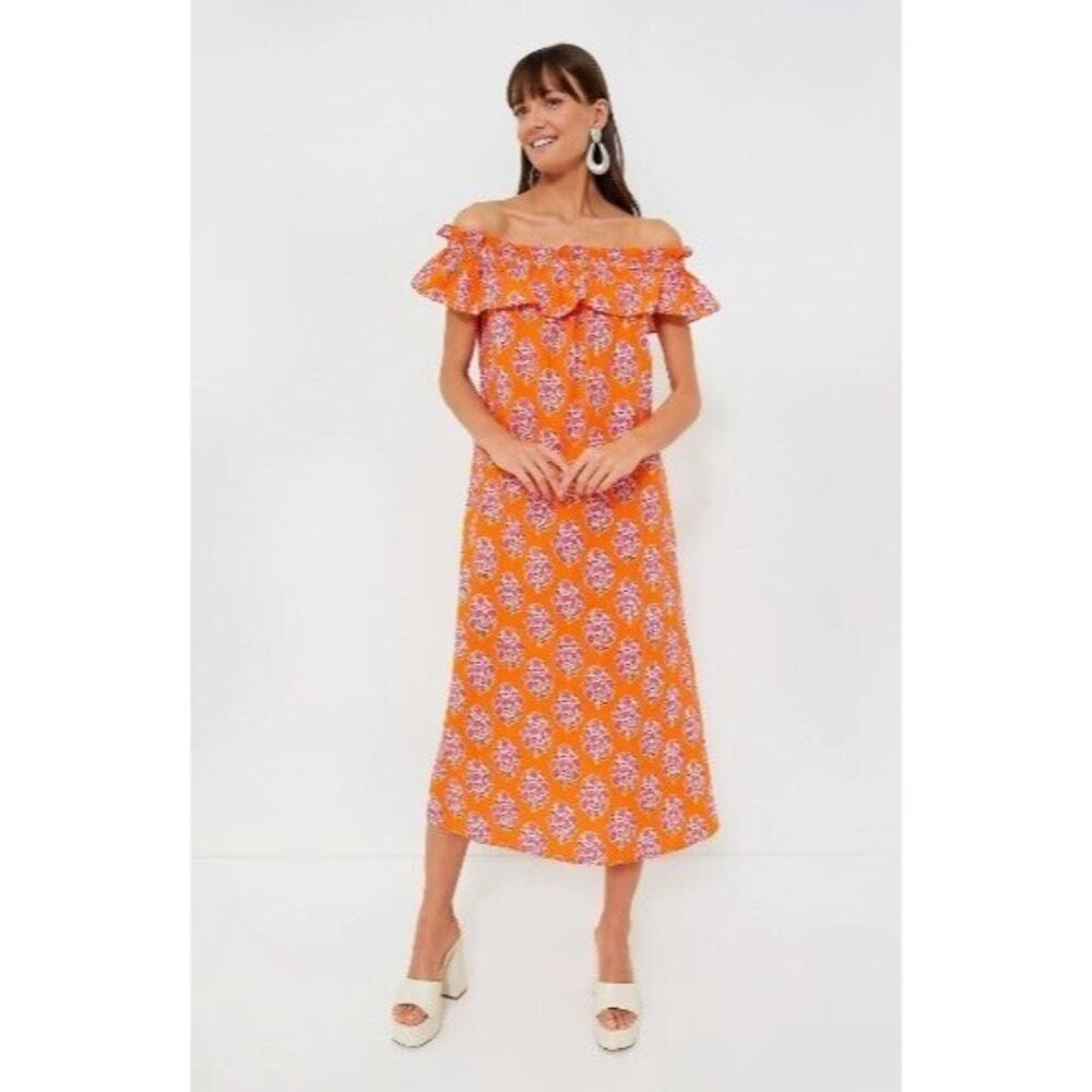 Pink City Prints Tallulah Dress Tangerine Buta Off-the Shoulder Midi NWT Size S